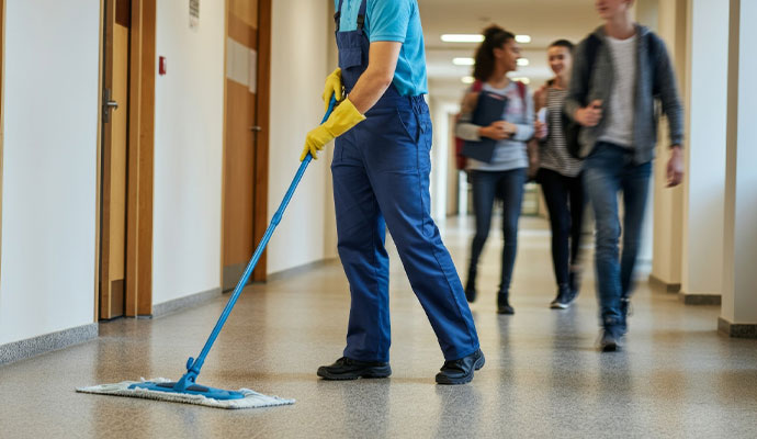 A person is cleaning school corridor