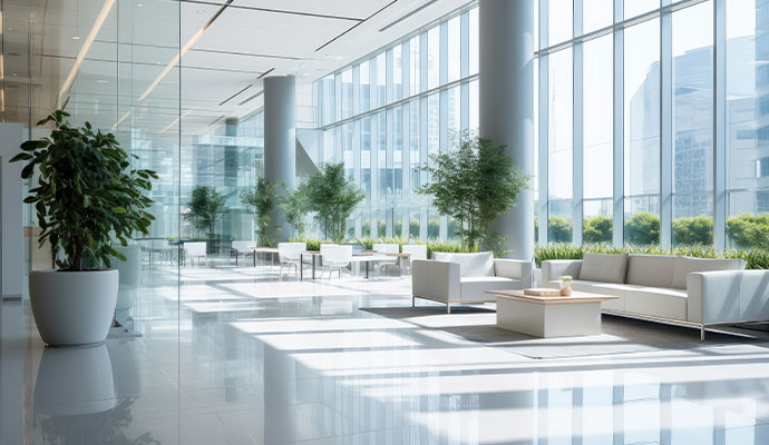 Bright commercial lobby and reception area with seating and large windows