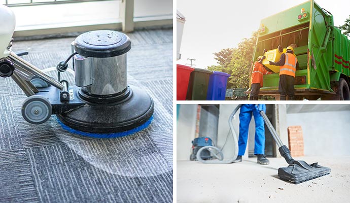 Collage of carpet cleaning, trash pickup, and construction cleanup services