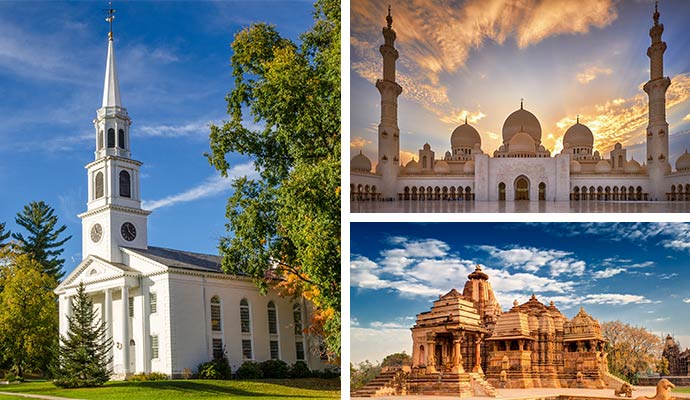 Collage of chapel, mosque and temple