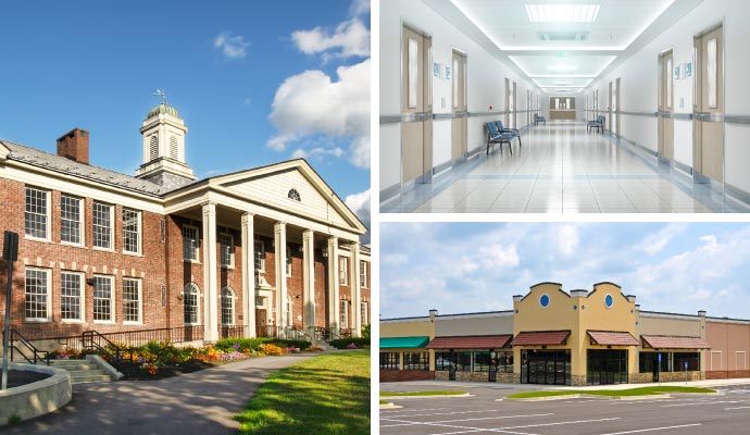 Collage of clean school hospital and retail store