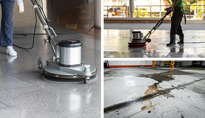 Collage of commercial floor cleaning, polishing services and oil stained floor