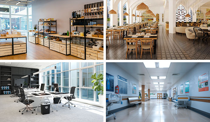 Collage of commercial properties we serve