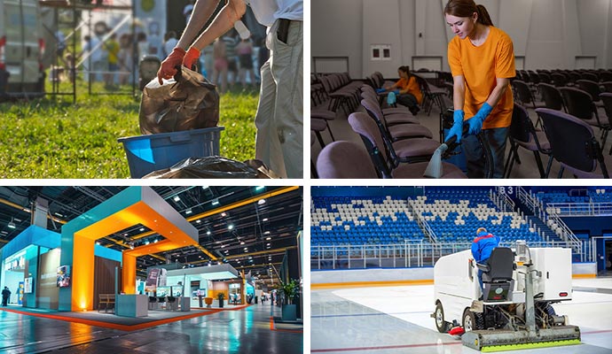 Collage of concert space, convention hall cleaning, trade show and arena cleaning
