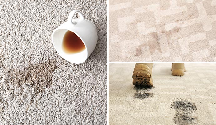 Collage showing different types of carpet stains