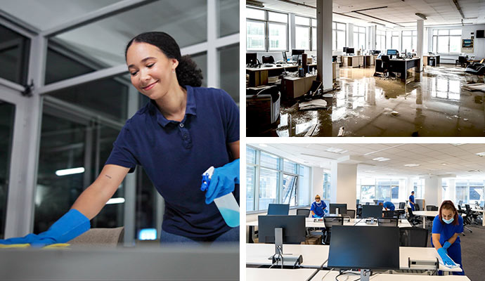 Collage of office cleaning, dirty office space and large office cleaning