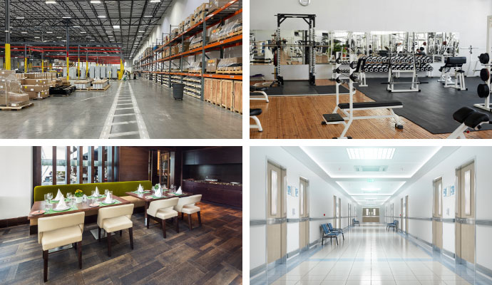 Collage of retail stores, gym, restaurants and healthcare facilities