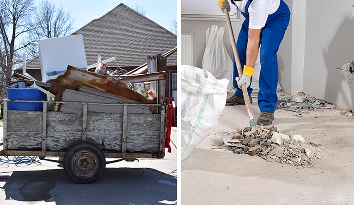 Collage of trash hauling and post construction cleanup