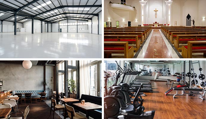 Collage of warehouse, church, restaurant and fitness center