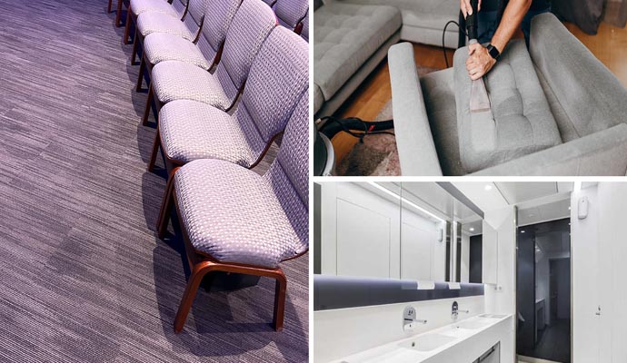 Collage of clean carpet restroom and furniture cleaning