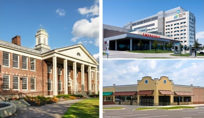 Collage of clean school, hospital and retail store