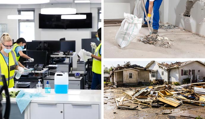 Collage of office cleaning construction cleanup and disaster damaged property