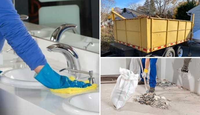 Collage of restroom cleaning, trash pickup and construction cleaning service