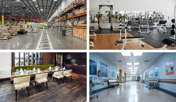 Collage of warehouse, gym, restaurant, and healthcare facilities