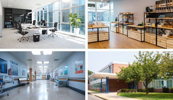 Collage of office, retail, healthcare, and school commercial properties