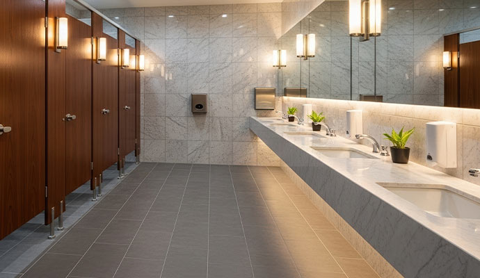 Commercial restroom floor showing clean, bright grout