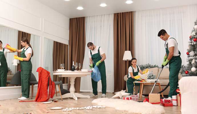 Crew members cleaning a room