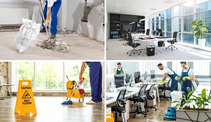 Collage of construction cleanup, clean office, floor and deep cleaning service