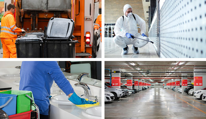 Collage of trash pickup service, clean parking lot, restroom cleaning and disinfecting service
