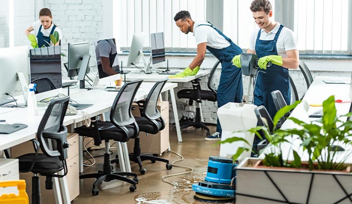 Professional cleaning team deep cleaning modern office space