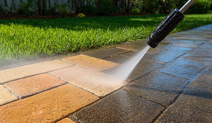Expert cleaning brick paver walkway with pressure washer