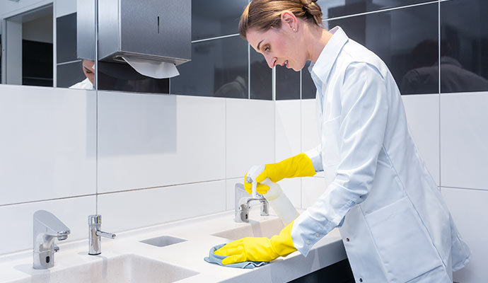 An expert cleaning a commercial restroom sink