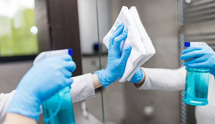 An expert cleaning a mirror with spray and cloth in a commercial restroom