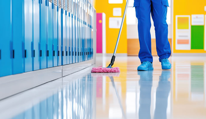 A person is cleaning floor in school corridor