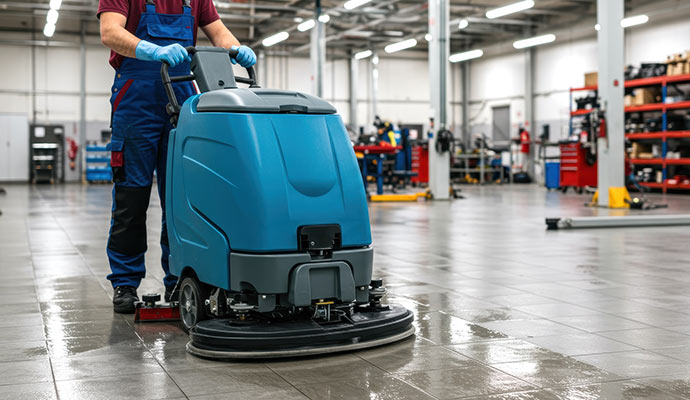 A person is cleaning warehouse floor