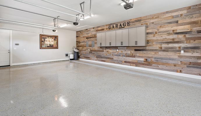 Clean garage and wooden accent wall