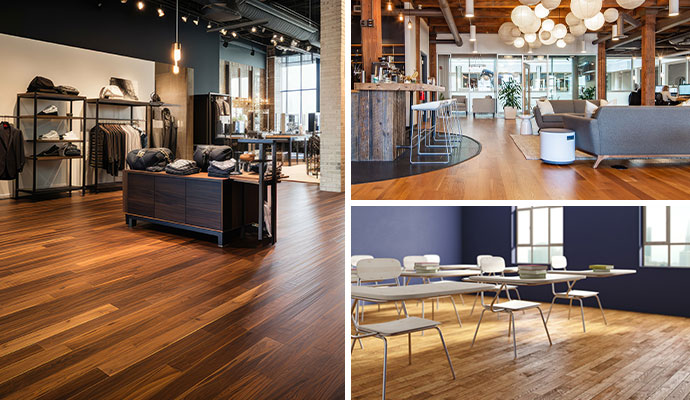 Collage clean floors in multiple commercial areas including retail stores, schools and restaurants