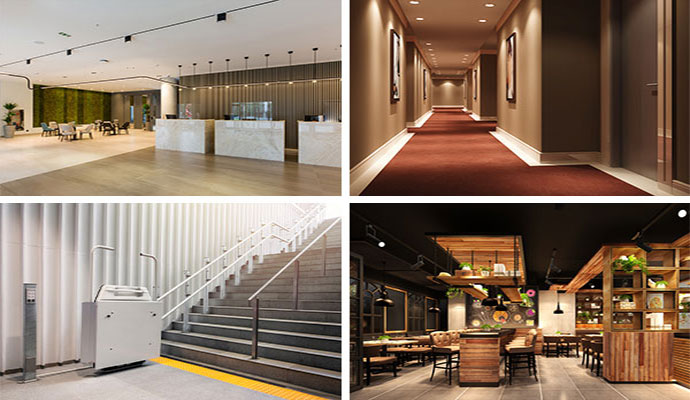 Collage showing a hotel lobby, hallway, stairways, and a cafeteria