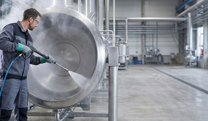 Industrial pressure washing steel tank