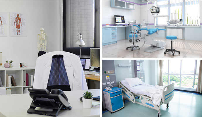Collage of a doctor's office, dental clinic, and patient room.
