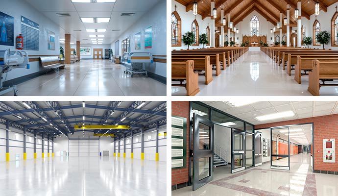 Collage of a healthcare facility, church, warehouses and School interior.