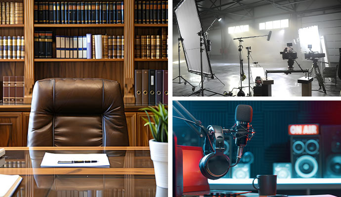  Collage of a clean law offices, movie production set, and radio broadcasting station.