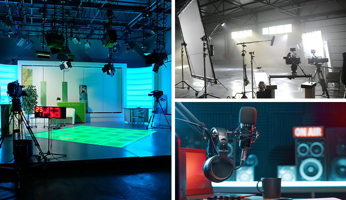  Collage of a TV studio, movie production set, and radio broadcasting station.