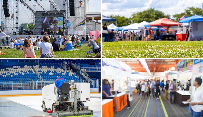 Collage of concert, festival, game area cleaning and trade show area 