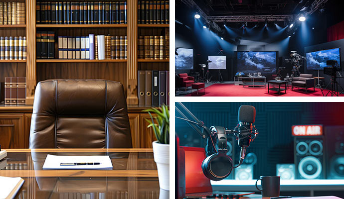 Collage of law office, a TV production studio, and a radio station.