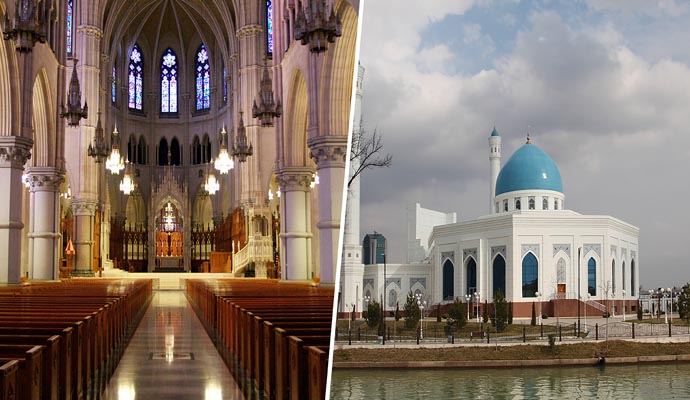 Collage of mosques and church