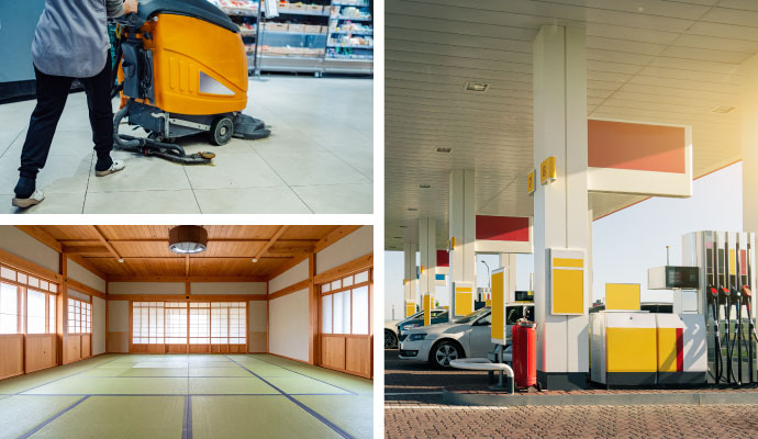 Collage of stone floor cleaning, gas station and an empty martial arts room