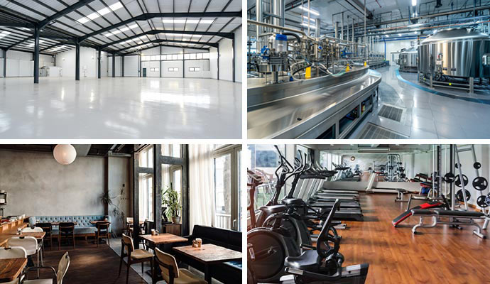 Collage of warehouses, manufacturing facilities, restaurants and fitness centers.