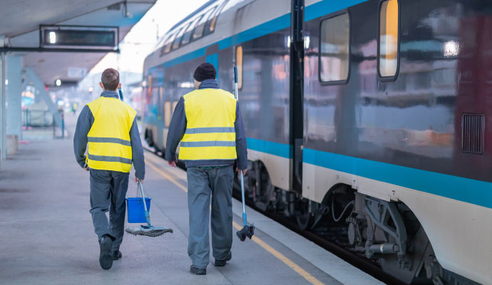Rear view of two cleaning professional walking along a train station platform