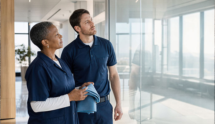 Cleaning professionals inspecting commercial office space