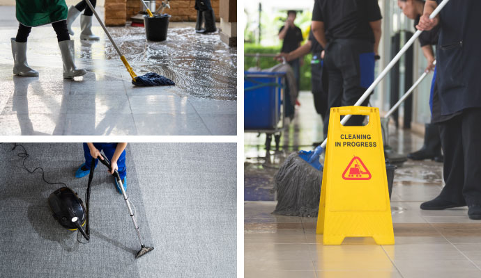 Cleaning up spills by technicians in different workplaces