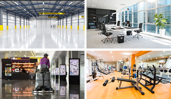 Collage of a warehouse, office building, commute station, and fitness center.