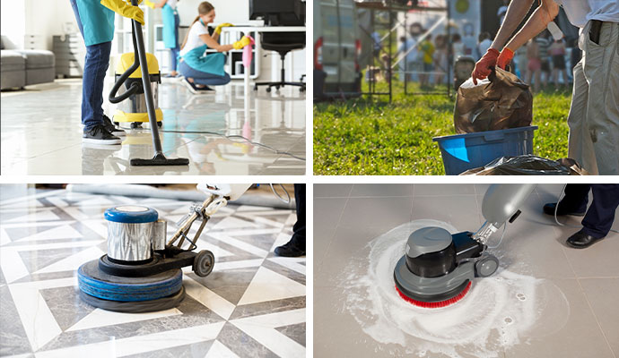 A collage displaying office cleanup, outdoor event cleaning, and professional floor scrubbing and polishing.