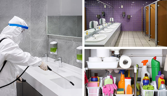 Collage of sink sanitization, commercial restroom, and cleaning supplies