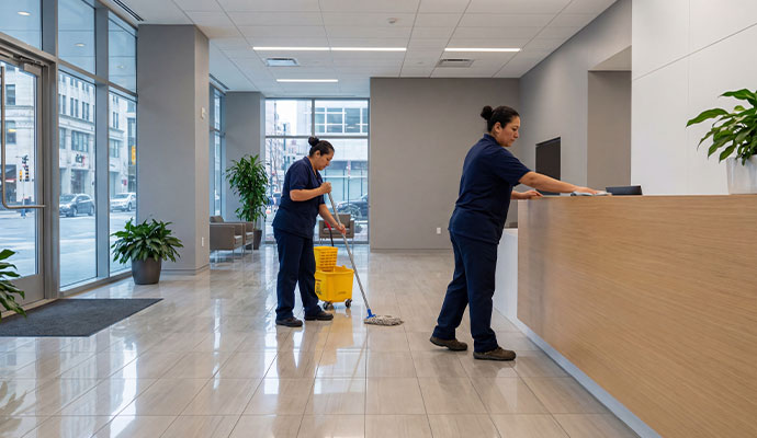 Day porters cleaning office lobby
