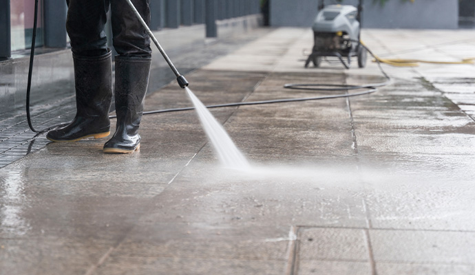 Expert cleaning concrete floor with pressure washing